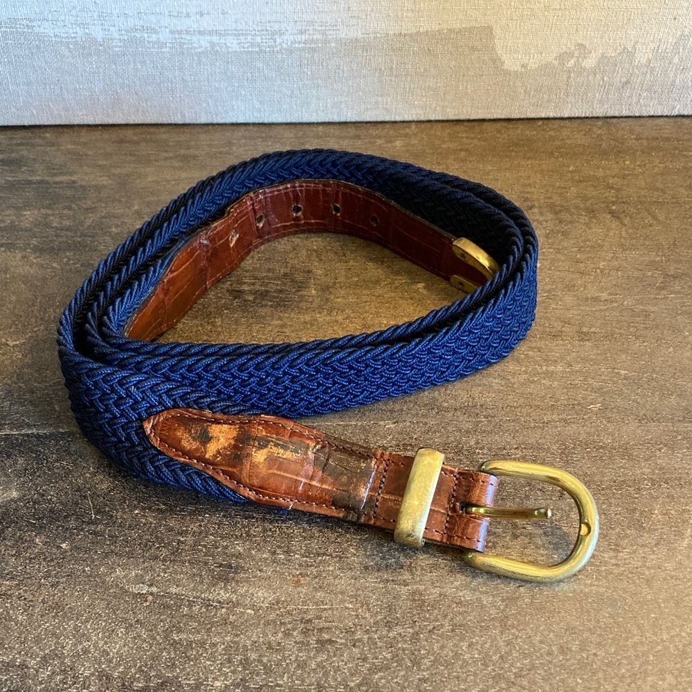 Men's Blue Brown Stretch Woven Belt Size‎ 46 Preppy Casual Classic Brass Buckle